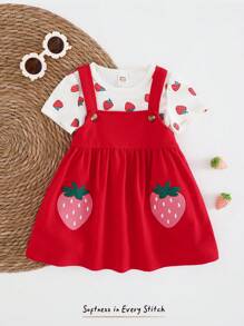 Cozy Pixies 2pcs/Set Baby Girl Strawberry Pattern Knit Soft Round Neck Short Sleeve Pullover Top And Strap Overall Dress - Red - View 6