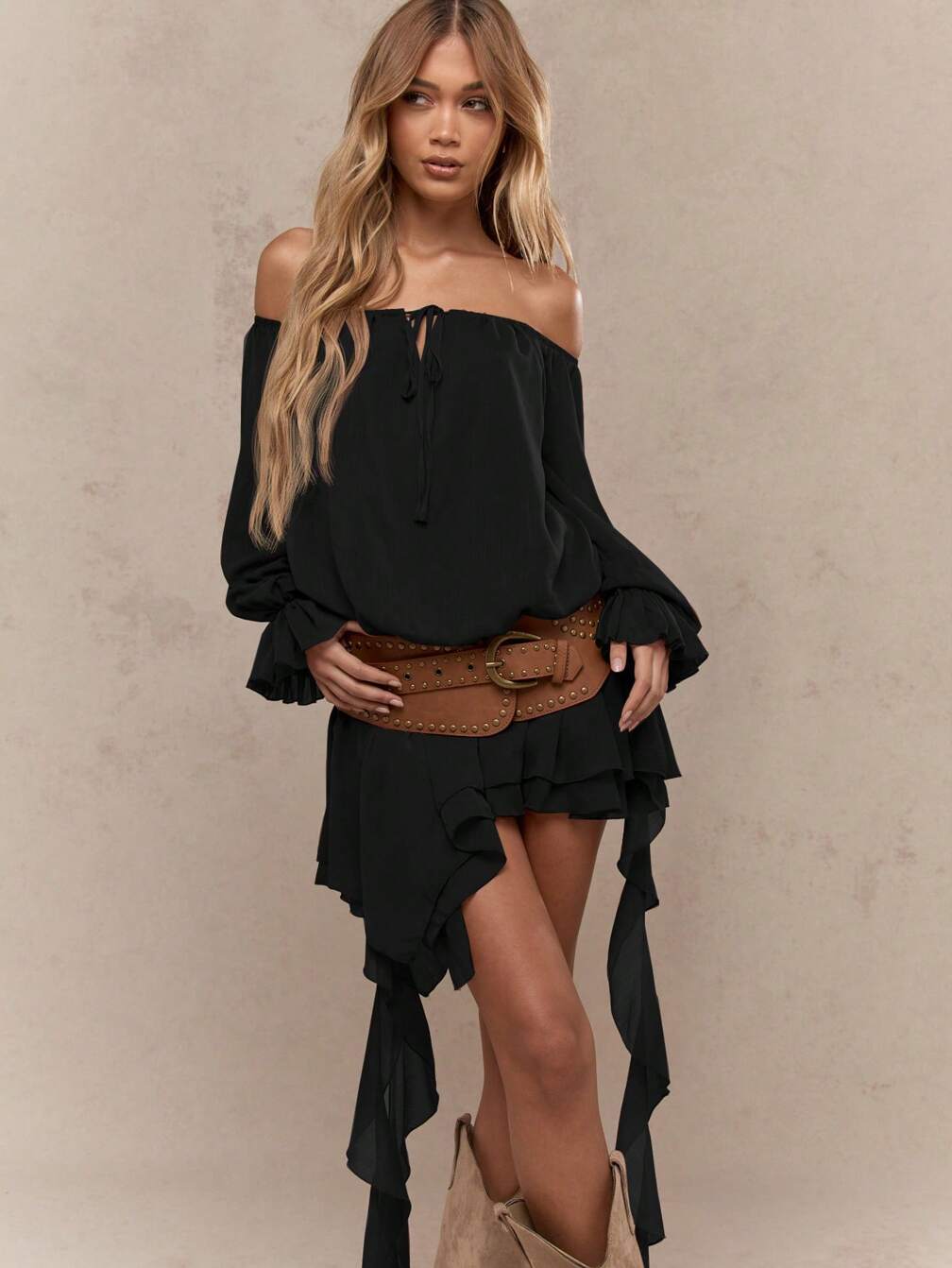 off shoulder ruffle hem dress She's Fabulous Off Shoulder Ruffle Hem Dress