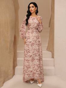 Graceveil Women's Chiffon Printed Round Neck Lantern Sleeve Cinched Waist Waist Romantic Elegant Dress,Modest - Pink - View 3