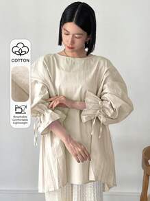 FRIFUL Áo cánh trễ vai thanh lịch, dáng rộng thoải mái cho nữ, mùa thu, áo dài tay nhún bèo - Màu be - Xem 6