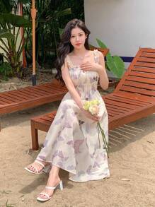 DAZY 女式蝴蝶印花细肩带连衣裙，束腰设计，夏季度假巡航女装太阳裙 - 紫色 - 查看 6