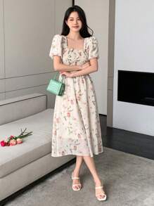 DAZY Robe d'été imprimée de fleurs avec encolure carrée et taille froncée, robe de fermière sundress pour femmes