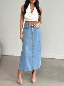 RueChic WOMEN HIGH WAIST SLIT DETAIL MIDI SKIRT - Medium Wash - View 5