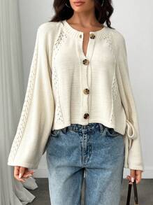 EURMUSE Women Button Front Cut Out Tie Detailed Spring Cute Cardigan - Cream - View 3