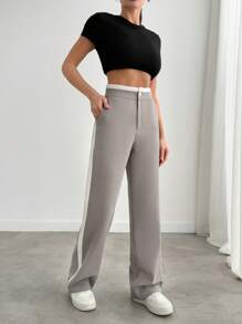 SHEIN PETITE Petite Women Side Striped Detailed Wide Leg Pants - Grey - View 3