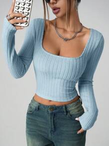 SHEIN ICON Women's Plain Long Sleeve Minimalist Ribbed Casual Y2K Square Neck Holiday Snow Women Beige Comfy Top, Daily Wear - Baby Blue - View 6