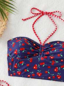 Swim Mod Springbreak 2pcs Women Casual Beach Party Spaghetti Strap Textured Fabric Cherry Print Tank Top And Bikini Swimwear Set