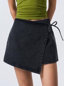 LYSMO Women's Black 2 In 1 Lace Up Denim Shorts