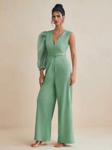 ODELIAR Designer Women Green Deep V Wide-Leg Organza Puffy Sleeve Elegant Spring Summer Jumpsuit Vacation Outfits, Spring Break, Ibiza Fits - Green - View 6