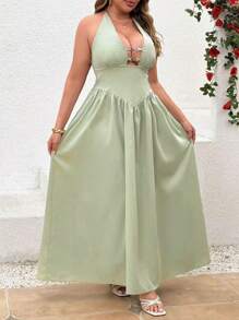 SHEIN LUNE Plus Size Cinched Waist Green V-Neck Vacation Dress - Green - View 4