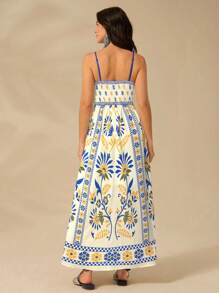 CAJUNI Women Vacation Spaghetti Strap Backless Selenipedium And Azalea Print Camisole Casual Summer Dress, Elegant And Graceful