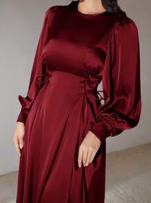 Veilorie Đầm thường ngày dài tay cổ tròn màu trơn cho nữ có dây rút - Màu Đỏ Sâu - Xem 2