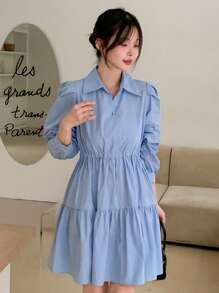 Solid Puff Sleeve Ruffle Hem Shirt Dress,Fall Dress Long Sleeve Dress - Blue - View 7
