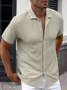 Manfinity CasualCool 男士休闲纯色纹理网眼短袖衬衫，夏季男装男士衬衫男士夏季衬衫男士服装男士衬衫男士服装男士衬衫男士休闲衬衫 - 綠色 - 查看 3