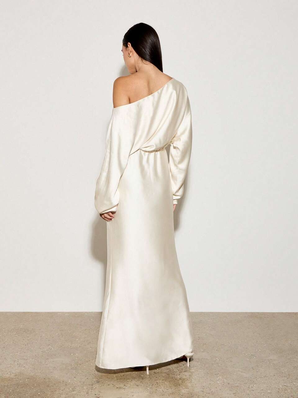 One Shoulder Asymmetric Long Sleeve Empire Waist Maxi Dress