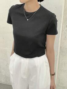 Dazy-Less 纯色圆领短款T恤，复古风夏季商务休闲女士工作服 - 深灰色 - 查看 4