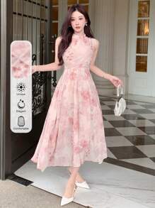 DAZY 女士夏季优雅雪纺碎花连衣裙舞会礼服太阳裙，返校服 - 粉色 - 查看 1