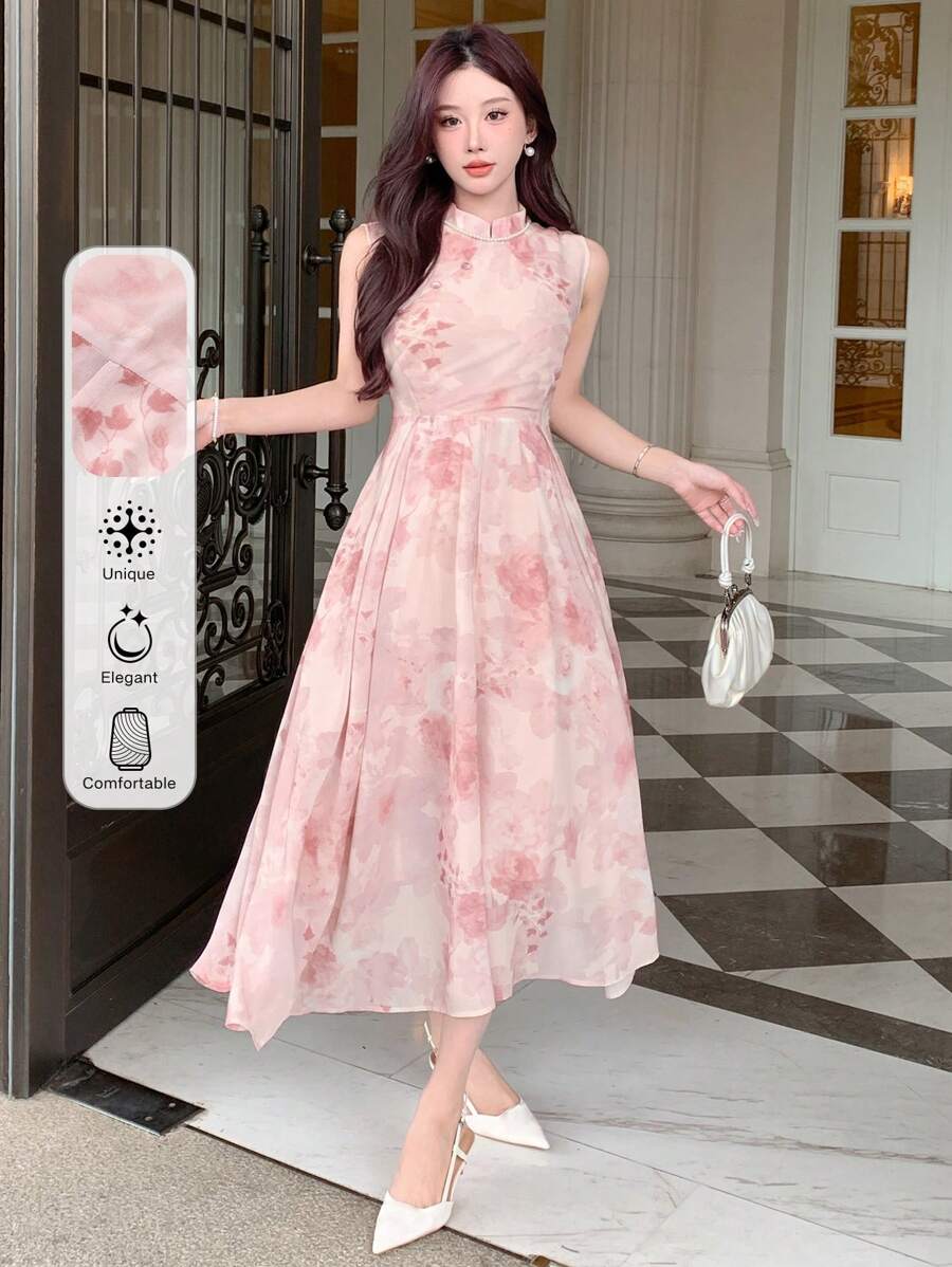 DAZY 女士夏季优雅雪纺碎花连衣裙舞会礼服太阳裙，返校服 - 粉色 - 查看 1