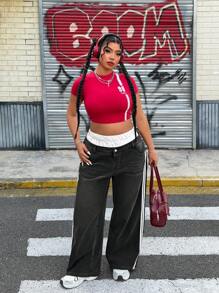 SHEIN ICON 大码休闲拼接条纹阔腿牛仔裤 - 深灰色 - 查看 5