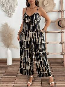 SHEIN Clasi Plus Size Women Geometric Print Sleeveless Loose Flattering Wide Leg Jumpsuit For Summer Vacation - Multicolor - View 9