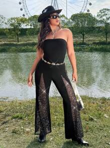 Flirla Plus Size Music Festival Patched Mesh Halter Jumpsuit, Boho, Hippie, Cowgirl, Old Money Style - Black - View 5