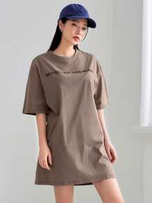 DAZY Slogan Graphic Drop Shoulder Tee Dress Sundress,Casual Women Dresses - Khaki - View 3