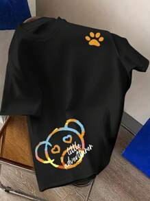 SHEIN PETITE Women's Colorful Ombre Bear Print Comfortable Short Sleeve Oversized T-Shirt, Stylish Black Top For Home