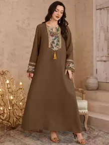 Al Najma 女士春夏 3D 花卉提花长裙和阿拉伯传统长袍、端庄的卡夫坦 - 棕色 - 查看 4