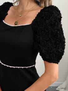 Elenzga Women's Elegant Square Neck Party Romantic Rose 3D Flower Puff Sleeve Pearl Decor Waist Fitted Midi Dress, Spring/Summer - Black - View 2