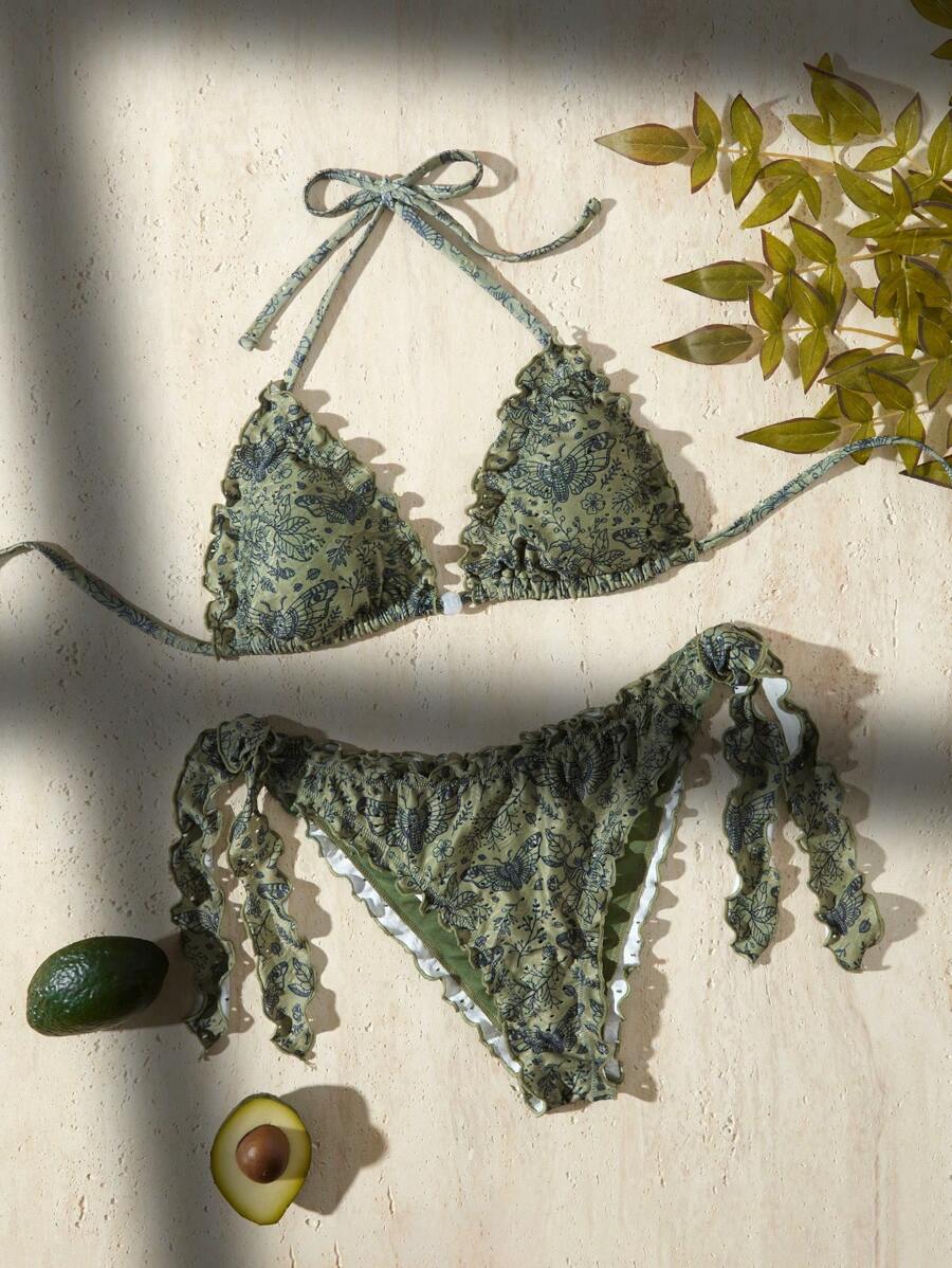 Swim Mod Springbreak Women Halter Tie Ruffled Triangle Bikini Set, Cute 2Pcs Swimwear, Festival Boho Beach Wear For Summer Beach Vacation - Army Green - View 1