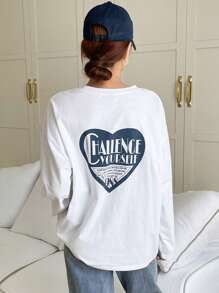 DAZY 标语图案落肩T恤挑战自我灵感源于艺术艺术对每个人来说都是平等的我们有权利享受艺术1988年秋季服装长袖女上衣 - 白色 - 查看 6