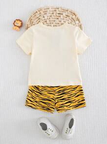 Cozy Pixies 2pcs Baby Boy Cartoon Animal Print Soft Knit Crew Neck Short Sleeve Top & Elastic Waist Shorts Set