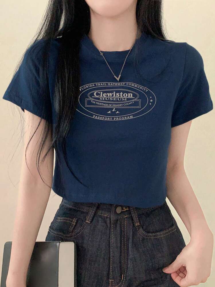 Letter Print Short Sleeve T-Shirt Summer,Crop Tops Women,Graphic Tees