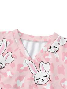 PopScrub Women's Cartoon Rabbit Print V-Neck Short Sleeve Scrub Uniform Top - Multicolor - View 3