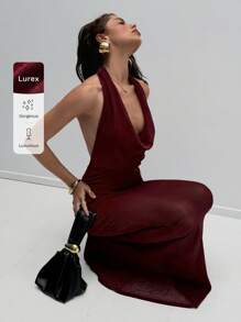 Aloruh 女士勃艮第红色优雅性感派对礼服，金属线垂领低胸修身美人鱼下摆礼服，适合新年 - 酒紅色 - 查看 8