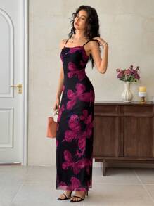 EastFlair Women Floral Print Fit-And-Flare Plunge Neck Elegant Wedding Date Dress Chinese Style Patterns - Black - View 5