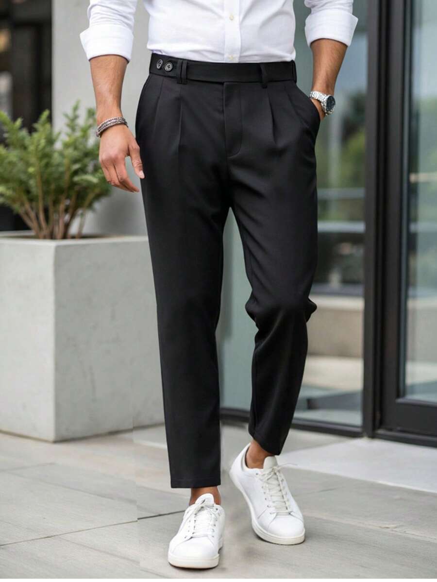 Manfinity Mode Men's Solid Color Front Button Pocket Simple Design Casual Trousers - Black - View 1