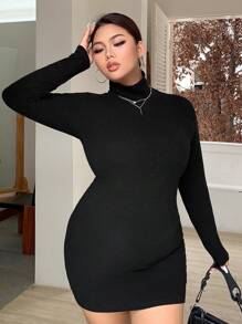 Dazy Petite Plus Black Solid Color Fitted Turtleneck Short Dress, Thermal Lining, Spring/Summer/Autumn - Black - View 7