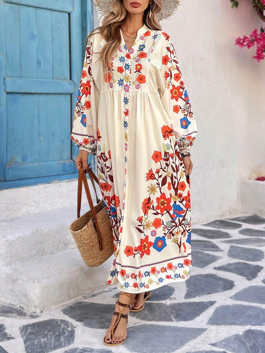 Breezaya Vestito svasato oversize con scollo a V, stampa floreale digitale, da donna, elegante e alla moda, adatto per primavera/estate - Albicocca - Visualizzare 1