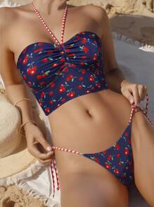 Swim Mod Springbreak 2pcs Women Casual Beach Party Spaghetti Strap Textured Fabric Cherry Print Tank Top And Bikini Swimwear Set