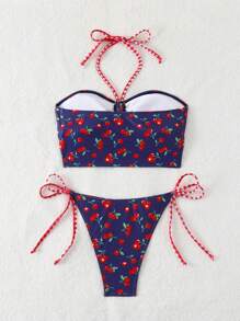 Swim Mod Springbreak 2pcs Women Casual Beach Party Spaghetti Strap Textured Fabric Cherry Print Tank Top And Bikini Swimwear Set