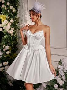 SHEIN Belle 优雅浪漫端庄春夏白色缎面抹胸连衣裙，仿珍珠链 A 字形后背带可调节毕业婚礼宾客礼服，节日礼服，舞会，新娘送礼会礼服，小白裙，新娘 - 白色 - 查看 3