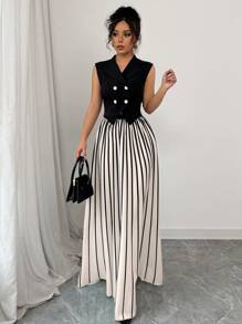 Elenzga Women Solid Color Halter Neck Sleeveless Top With Woven And Chiffon Draped Pleated Skirt