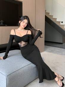 DAZY Women's Lace Patchwork Hollow Out Off Shoulder Long Sleeve Dress For Party/Graduation,Back To School Clothes,Fall Dress - Black - View 7