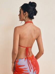 Eva Novielli Top con cuello de halter de malla con estampado en rojo de vacaciones, con relleno, parte posterior con lazo, parte superior de primavera-verano para mujer, para vacaciones de primavera, ajustado a Ibiza