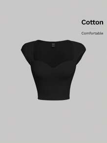 SHEIN MOD Sweetheart Neck Ribbed Knit Black Cap Sleeve Cutoff Tee - Black - View 5