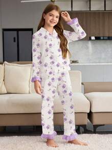 SHEIN Tween Girl Tulip Print 2 Pieces Lounge Set With Long Sleeve Top And Pants, Minimalist Design, Purple