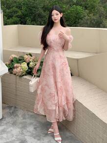 DAZY Ladies Floral Printed Off Shoulder Chiffon Dress Summer Sundress - Pink - View 3