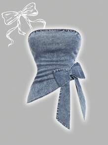 SHEIN MOD 加大码蓝色牛仔上衣紧身弹力抹胸蝴蝶结夏季上衣辣妹甜美辣味 - 淺色水洗藍 - 查看 3