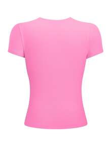 Jouncy 1 pieza Camiseta casual de mujer de manga corta, ajustada, de cuello redondo y unicolor - Rosa Fucsia - Ver 2